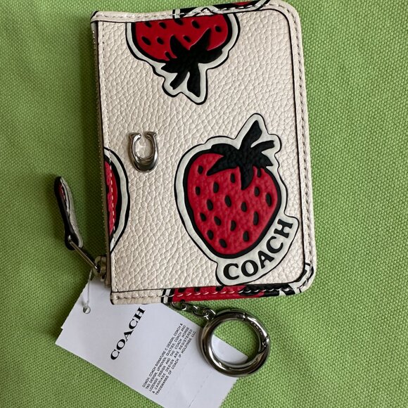 COACH STRAWBERRY PRINT LEATHER MINI SKINNY ID CASE:NWT STRAWBERRY/CHALK CT906 - Picture 4 of 15